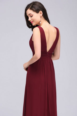 Burgundy Chiffon Sheath V Neck Long Evening Dresses