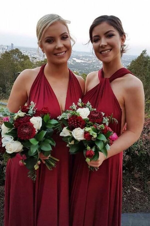 Robes de demoiselle d'honneur longues en mousseline bordeaux, coupe trapèze, col halter 
