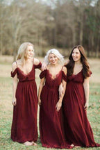 Vestidos largos de dama de honor corte A en gasa color burdeos, vestido para fiesta de bodas 