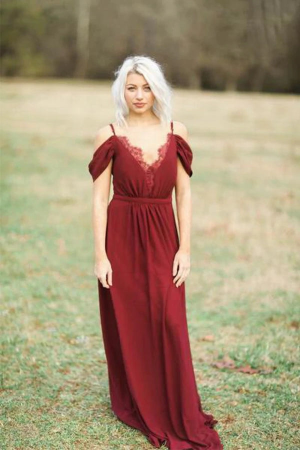 Vestidos largos de dama de honor corte A en gasa color burdeos, vestido para fiesta de bodas 