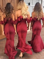 Vestidos de dama de honor color burdeos, estilo sirena, asimétricos, para bodas y fiestas nupciales. 