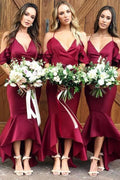 Vestidos de dama de honor color burdeos, estilo sirena, asimétricos, para bodas y fiestas nupciales. 