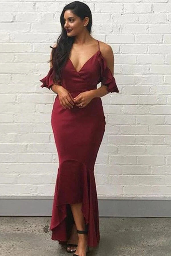 Vestidos de dama de honor color burdeos, estilo sirena, asimétricos, para bodas y fiestas nupciales. 