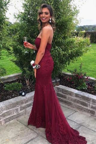 Robe de bal bustier en dentelle bordeaux à col cœur, robe de soirée sans bretelles