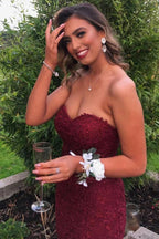 Burgundy Lace Sweetheart Neck Prom Dresses, Strapless Evening Gown