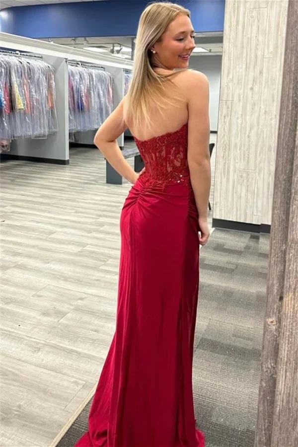 Burgundy Mermaid Strapless Sweetheart Lace Appliques Prom Dresses