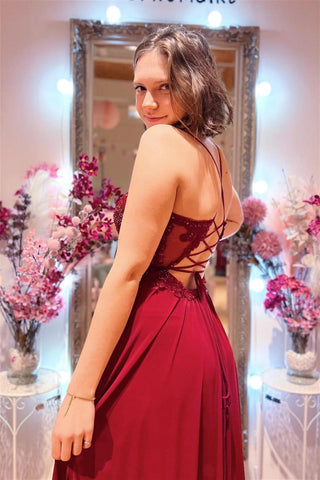 Burgundy Plunging V Neck Beaded Appliques Long Prom Dress with Slit  PSK414