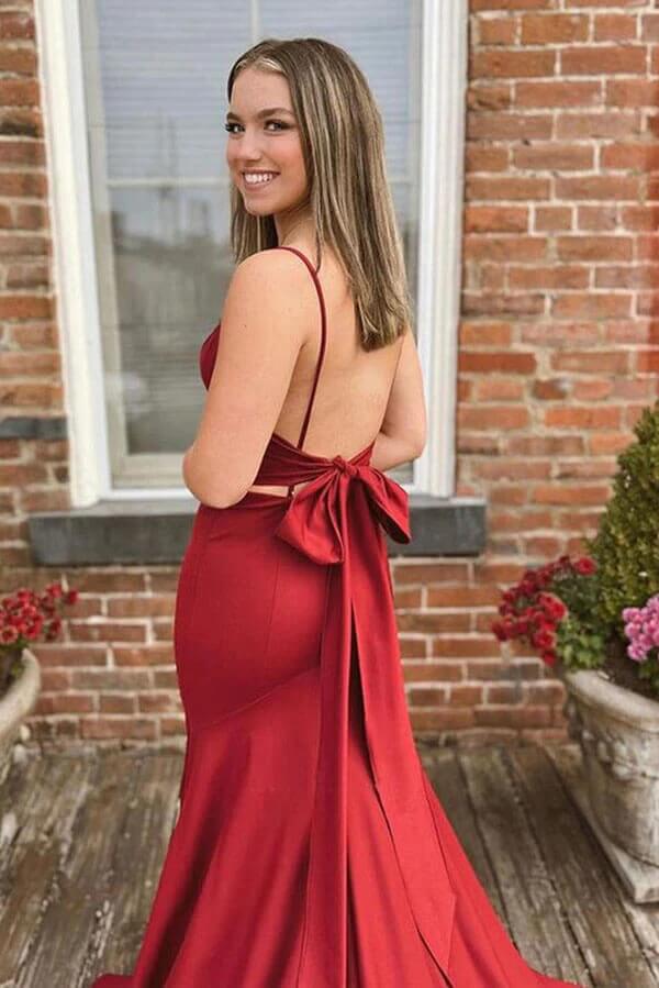 Burgundy Satin Mermaid V-neck Backless Prom Dresses, Evening Dress