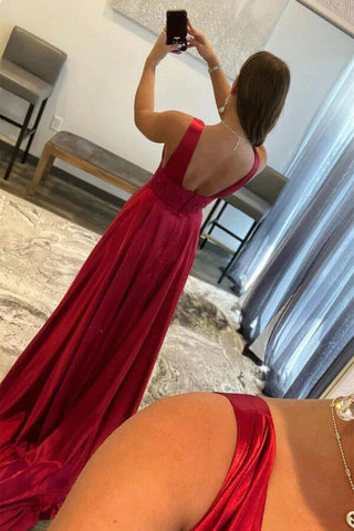 Robe de bal bordeaux en satin de soie, coupe trapèze, col en V et fente, robe de soirée