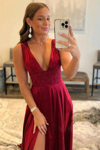 Burgundy Silk Satin A-line V-neck Prom Dresses with Slit, Party Dresses