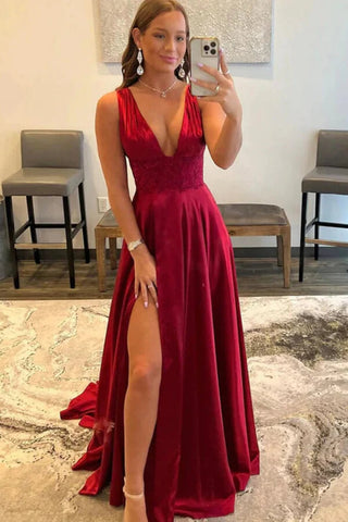 Robe de bal bordeaux en satin de soie, coupe trapèze, col en V et fente, robe de soirée