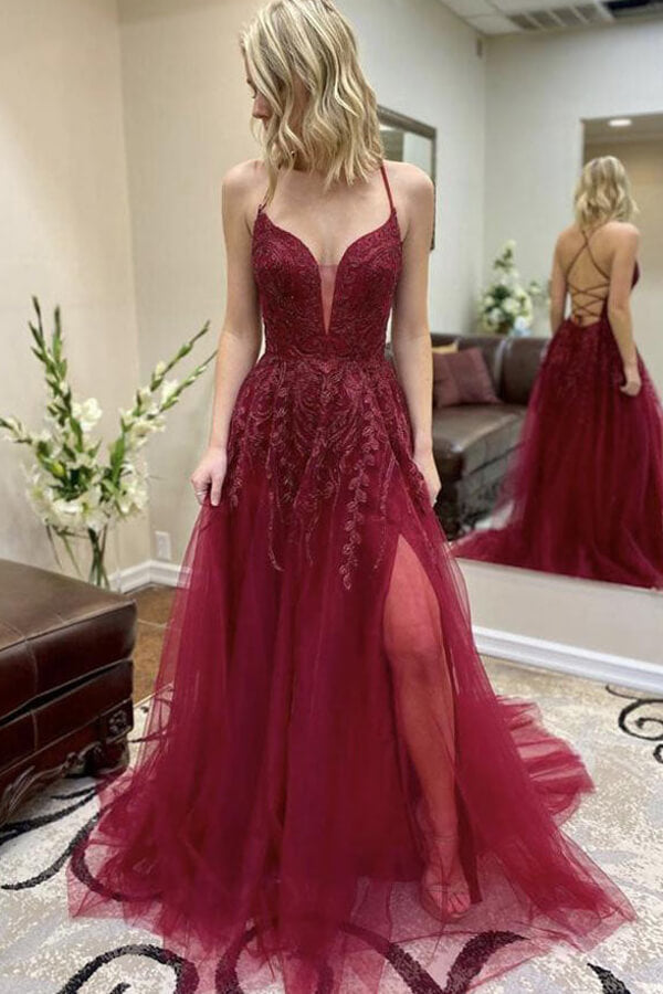 Tulle A-line Cross Back Prom Dresses With Thigh Slit, Formal Dress