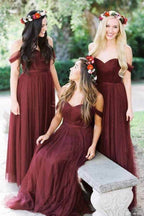 Robes de demoiselle d'honneur longues en tulle bordeaux à épaules dénudées 