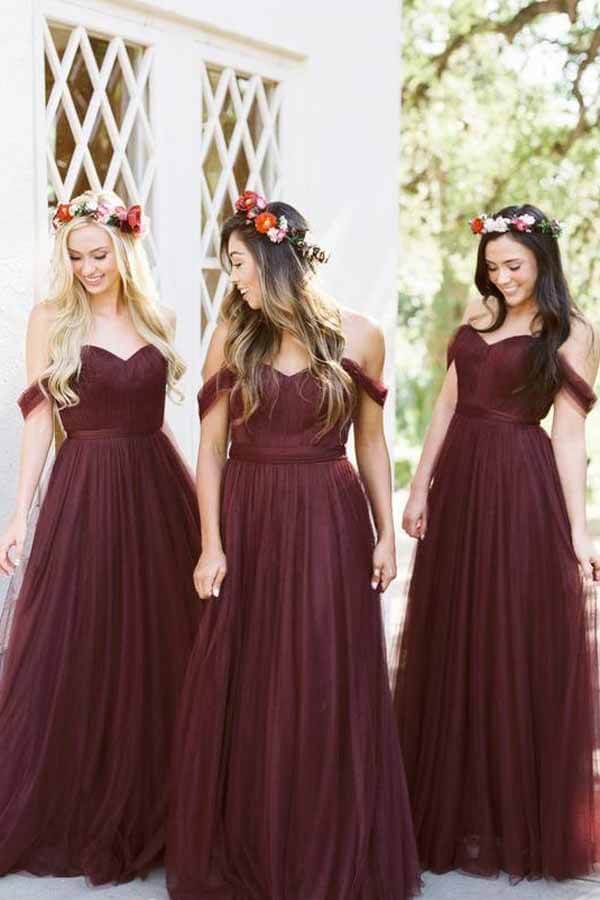 Vestidos de dama de honor largos hasta el suelo de tul burdeos con hombros descubiertos 