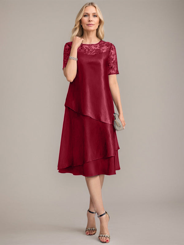Vestido de corte A, escote redondo, largo hasta la rodilla, para la madre de la novia, con apliques y lentejuelas. 