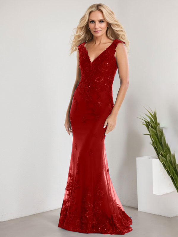 Vestido de sirena para la madre de la novia, corte sirena, escote en V, largo hasta el suelo, de gasa de encaje con apliques de lentejuelas. 