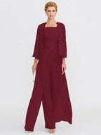 Traje pantalón de chifón de tres piezas con escote cuadrado y chaqueta para la madre de la novia 