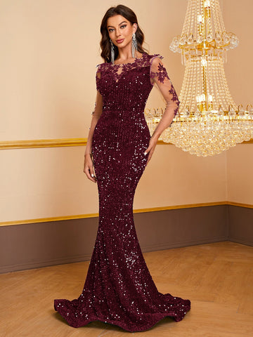 Robe de bal sirène à sequins contrastés pour femme, brodée de sequins. 