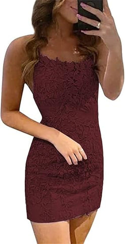 Vestidos cortos de fiesta sin mangas, de encaje azul, con tirantes finos y corte recto. 