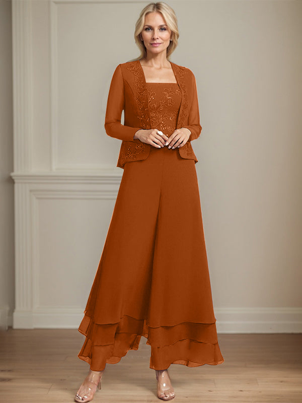Conjunto de pantalón y chaqueta de dos piezas, corte cuadrado, largo hasta el tobillo, encaje, gasa, vestido de madre de la novia con lentejuelas 