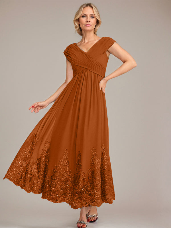 Vestido de gasa de corte evasé, escote en V, largo hasta el tobillo, para la madre de la novia, con apliques de lentejuelas. 
