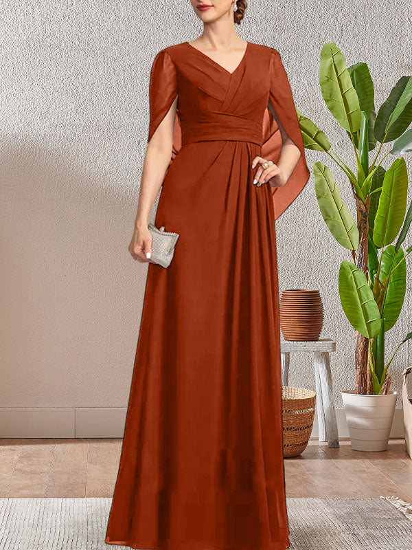 Vestido largo azul marino oscuro de corte A con escote en V para la madre de la novia