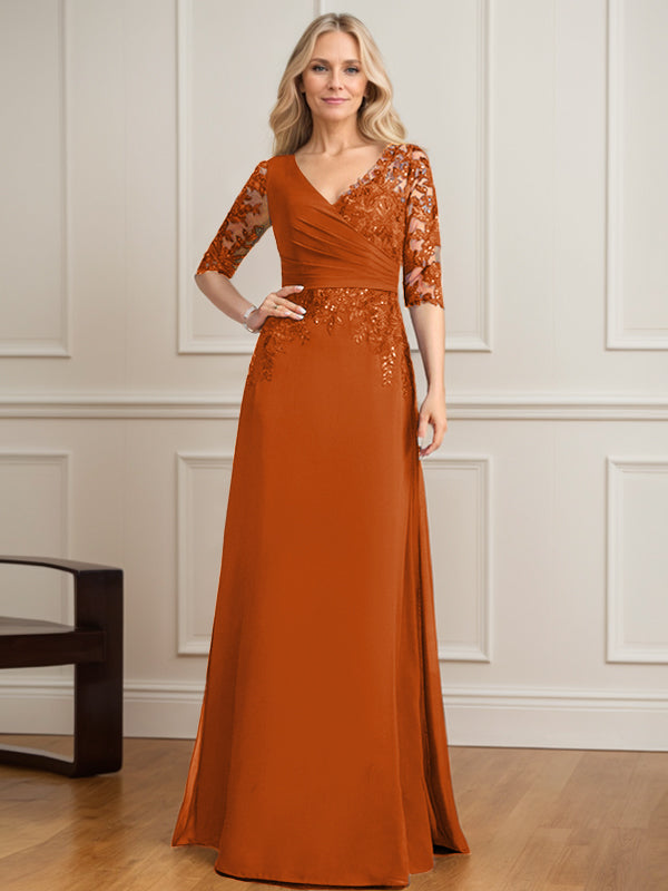 Vestido de novia de corte A, escote en V, largo hasta el suelo, de gasa de encaje con lentejuelas plisadas. 