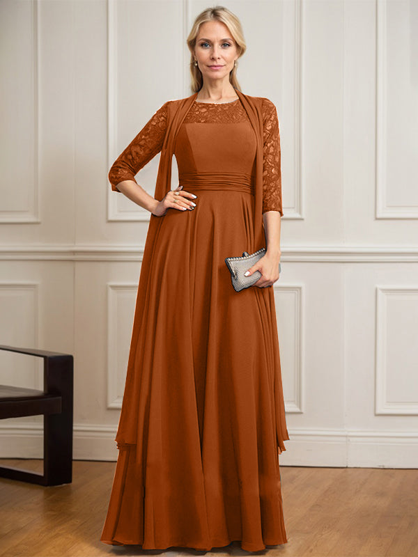 Vestido de novia de corte A, escote redondo ilusión, largo hasta el suelo, de gasa de encaje con pliegues. 