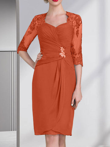 Sheath/Column Sweetheart Knee-Length Chiffon Mother of the Bride Dress With Beading Appliques Lace Sequins Pleated