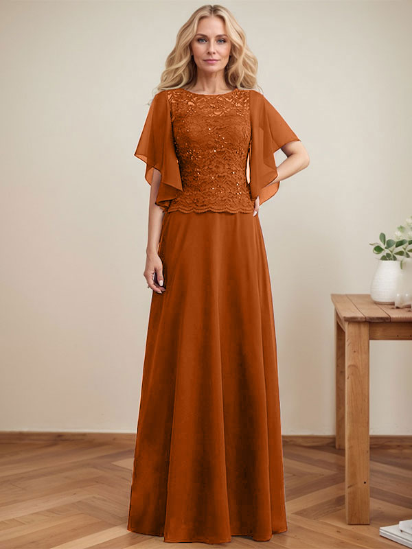 Vestido de novia de corte A, escote redondo, ilusión, largo hasta el suelo, de encaje y gasa con lentejuelas. 