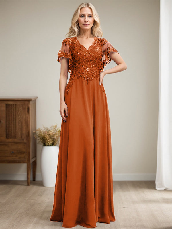Vestido de novia de corte A, escote en V, largo hasta el suelo, de gasa de encaje con lentejuelas para la madre de la novia 