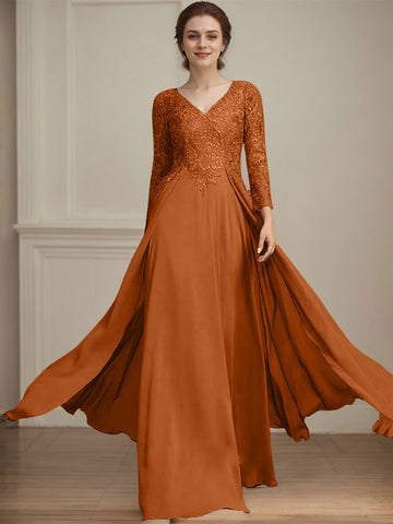 A-line V-Neck Floor-Length Lace Chiffon Mother of the Bride Dress With Sequins