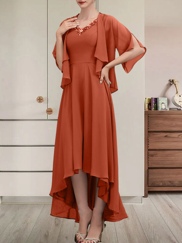 Vestido de corte A, escote en V, asimétrico, de gasa, para la madre de la novia, con lentejuelas y pedrería.