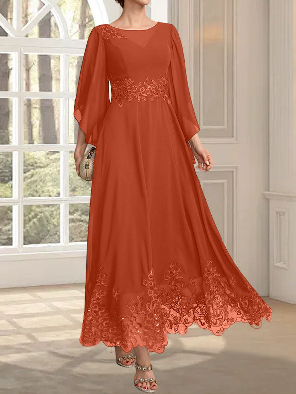 Robe de mère de la mariée en mousseline de dentelle, coupe trapèze, décolleté illusion, longueur cheville, ornée de sequins 