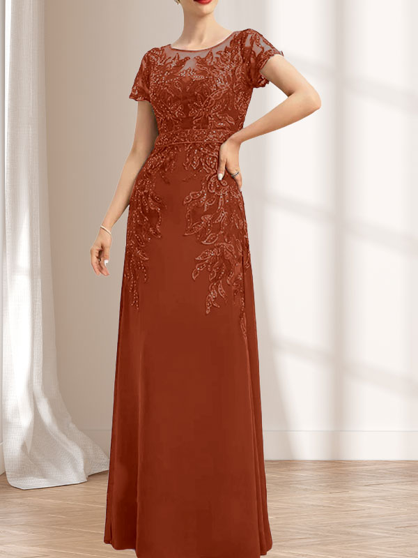 Vestido de novia de corte recto/columna, escote redondo, ilusión, largo hasta el suelo, de encaje y gasa con lentejuelas.