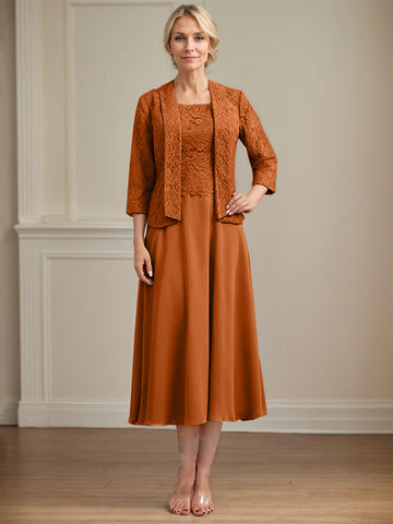 A-line Scoop Tea-Length Lace Chiffon Mother of the Bride Dress