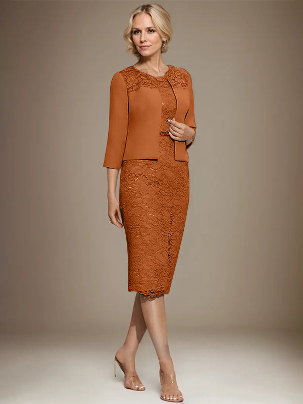 Vestido de novia de gasa con encaje, corte recto y escote redondo hasta la rodilla, con pedrería, para la madre de la novia. 