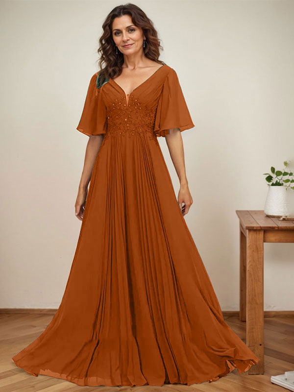 Vestido de corte A, escote en V, largo hasta el suelo, de gasa, para la madre de la novia, con apliques de lentejuelas y encaje plisado. 