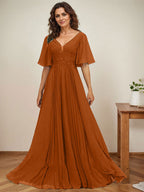 Vestido de corte A, escote en V, largo hasta el suelo, de gasa, para la madre de la novia, con apliques de lentejuelas y encaje plisado. 