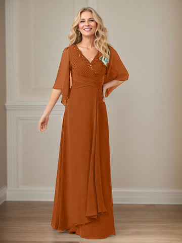 A-Line V-Neck Long Sequins Chiffon Mother Dress