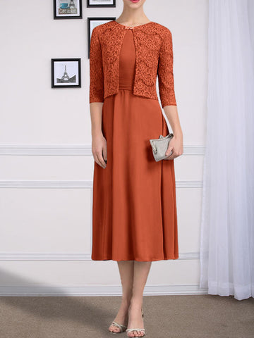 A-line Scoop Tea-Length Chiffon Mother of the Bride Dress With Pleated