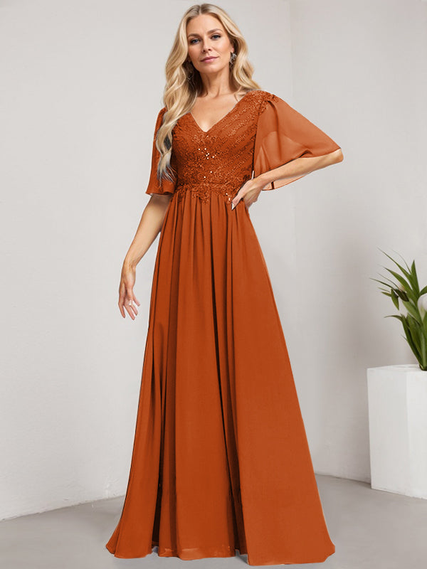 Vestido de novia de corte A, escote en V, largo hasta el suelo, de gasa de encaje con lentejuelas para la madre de la novia 