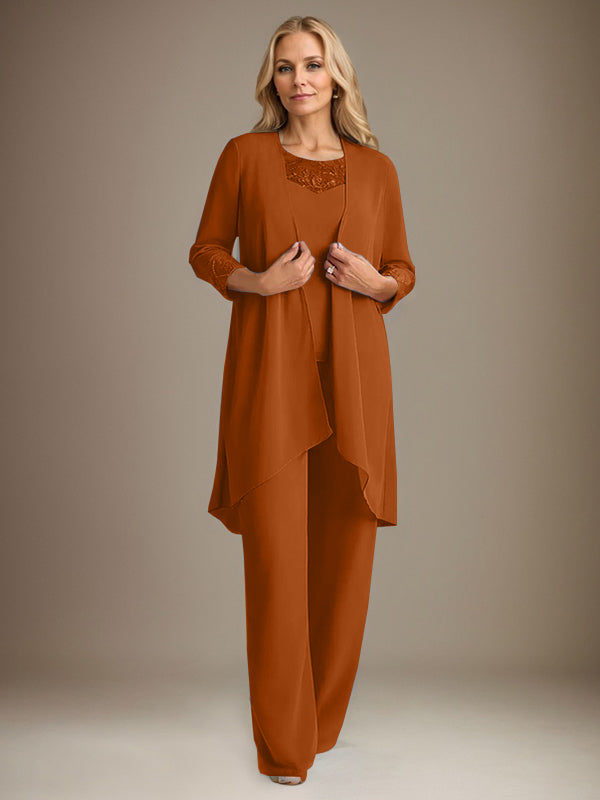 Traje pantalón de gasa con escote redondo y mangas largas para la madre de la novia, con chaqueta. 