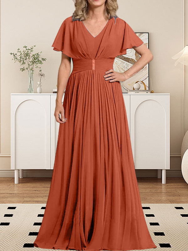 Vestido de gasa de corte A, escote en V, largo hasta el suelo, para la madre de la novia, con broche de cristal y pliegues. 
