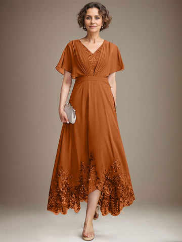 A-line V-Neck Asymmetrical Lace Chiffon Mother of the Bride Dress With Pleated