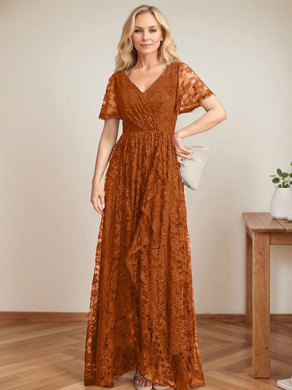 Vestido de novia de encaje asimétrico con escote en V y corte en A para la madre de la novia, con volantes en cascada. 