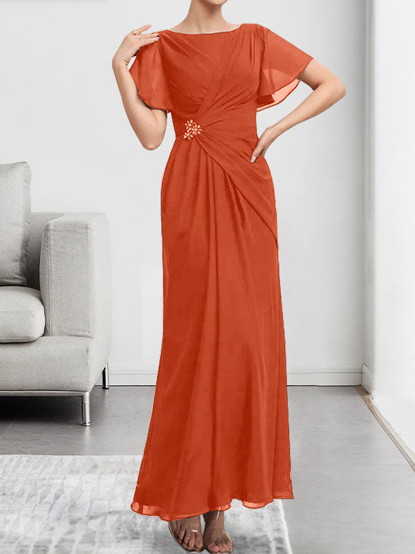 Vestido de gasa de corte A, escote redondo, largo hasta el tobillo, para la madre de la novia, con plisados ​​y cuentas.