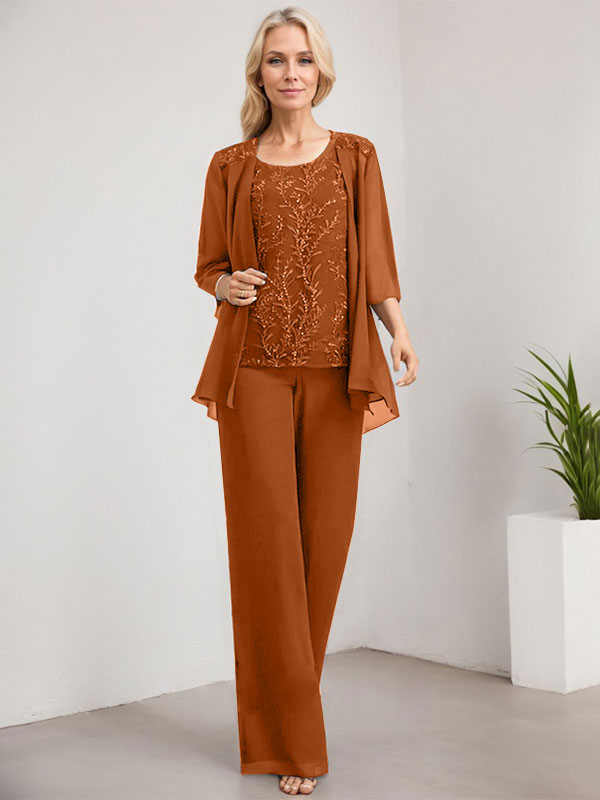 Vestido de novia de gasa con encaje y lentejuelas, estilo mono/pantalón, largo hasta el suelo, con escote redondo.