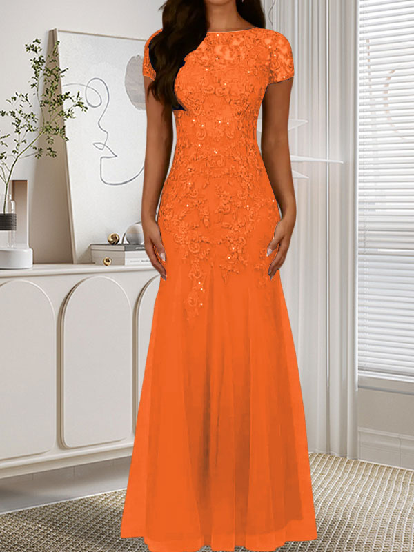 Robe sirène bleu marine foncé à sequins et tulle, décolleté rond, robe en tulle bleu marine foncé