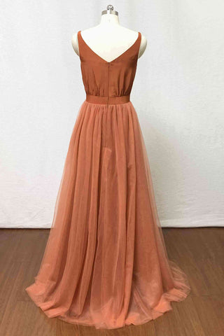 Vestido de dama de honor con escote redondo en naranja quemado VMB74